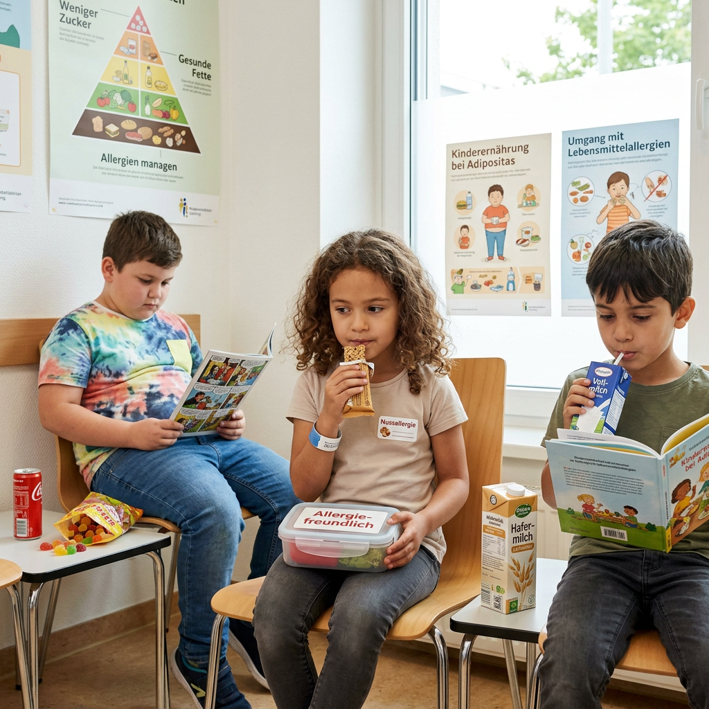 Three children sitting in a waiting room, each with allergy-friendly snacks and reading materials