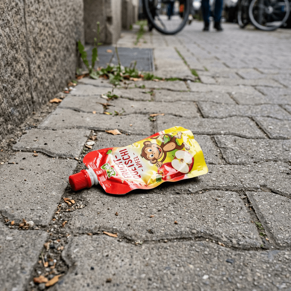 Empty fruit snack pouch labeled 'Frucht-Quetschi Apfel' on pavement