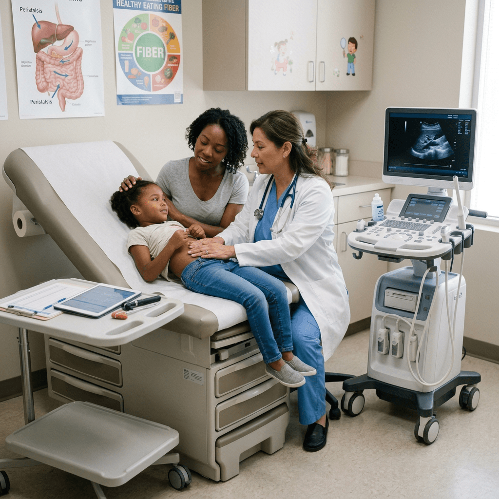 Doctor examining young girl's abdomen as mother comforts her in clinic room